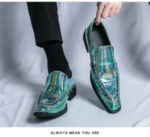 Detailed view of men's iridescent scale loafers featuring colorful metal studs and pointed toe
