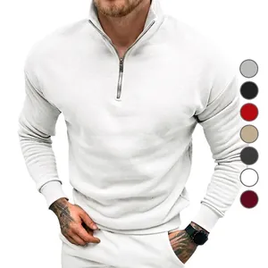 Men's thermal fleece lined half zip polo collar sweatshirt in solid white color.