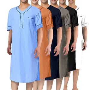 Men Robe Loungewear Middle Long V-Neck Short Sleeve Cotton Comfortable Sleepwear With Contrast Piping Pocket For Men Home