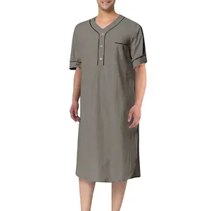 Front view of a comfortable men's grey short-sleeved nightgown with black piping.