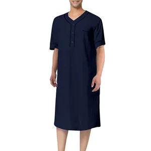 Comfortable navy blue men's nightgown featuring a loose fit, V-neck, and front chest pocket