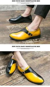 Dettaglio di eleganti scarpe monk strap bicolore giallo e nero in pelle a punta per uomo