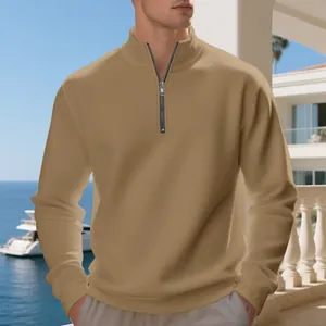 Felpa casual da uomo in pile color kaki con mezza zip e design a tinta unita inverno