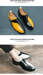 Primo piano di eleganti mocassini da uomo a punta con design bicolore bianco e nero.