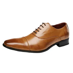 Classic brown genuine leather Oxford shoes for men with cap toe business formal design