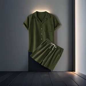 Completo da Uomo Estivo in Cotone Tinta Unita Camicia a Maniche Corte con Colletto Cubano e Pantaloncini con Coulisse Casual Hawaiano