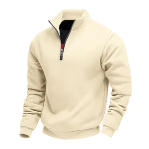 Felpa da uomo color crema con mezza zip, collo alto e polsini elasticizzati a coste