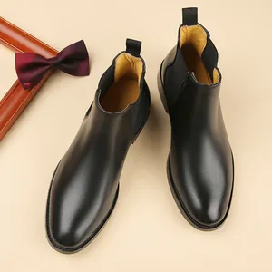 Handmade top layer cowhide black Chelsea boots for men with elegant slip-on high-top style