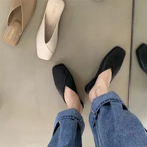 Modern square toe flat mule slippers for women shown in black, beige and tan colors.