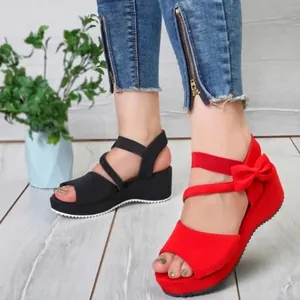 Elegante Damen Keilsandaletten mit Schleife und Peep Toe in Rot und Schwarz Farben
