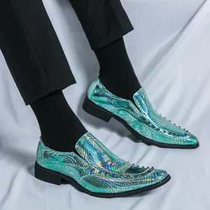 Iridescent Dragon Scale Pattern Pointed Toe Loafers For Men Glossy Patent Leather Metal Studded Formal Casual Trendy Punk Shoes