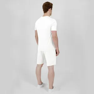 Back view of a professional white men's summer short-sleeved t-shirt and shorts set