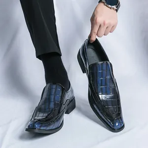 Premium stylish blue crocodile embossed patent leather loafers with pointed toe