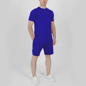 Full view of men's solid royal blue summer casual T-shirt and shorts sports set