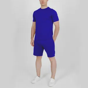 Men's summer casual two-piece set featuring solid blue t-shirt and matching shorts.
