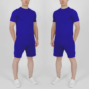 Front full-length view of royal blue men's casual T-shirt and shorts set on model