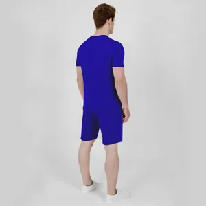 Back view of a men's royal blue casual summer short sleeve and shorts set