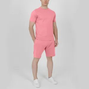Men's pink casual summer set featuring short sleeve T-shirt and matching shorts outfit