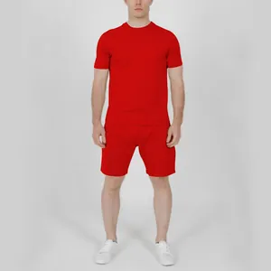 Front view of a men's casual solid red summer short sleeve T-shirt and shorts set