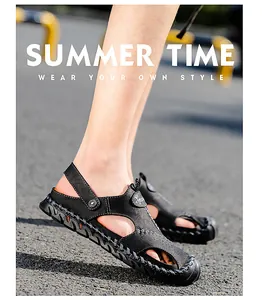 Side view of breathable black leather men's fisherman sandals for outdoor summer style