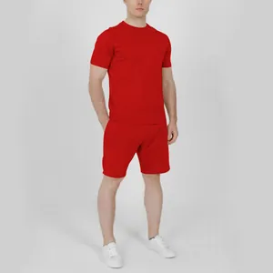 Men's summer casual sports set featuring a solid red short sleeve T-shirt and shorts