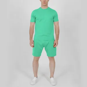 Detail view of men's summer mint green short sleeve t-shirt and shorts set on model