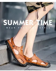 Men's brown leather sandals with breathable hollow-out design and hand-stitching details