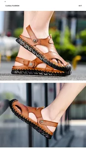 Close-up of brown leather men's sandals with breathable hollow design and rubber sole