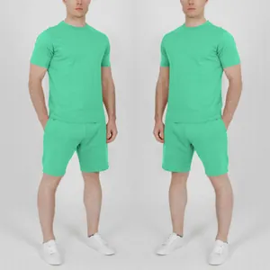 Front view of a men's mint green short sleeve t-shirt and casual shorts sports set