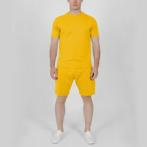 Detailed view of a men's solid yellow summer short-sleeve T-shirt and shorts set.