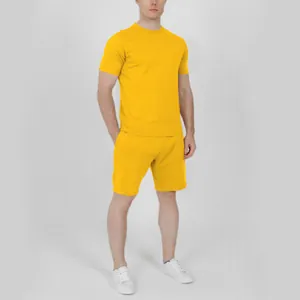 Bright yellow men's summer casual two-piece set with short sleeve T-shirt and shorts