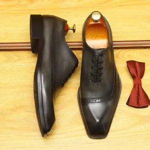 Men's Oxford Brogue Leather Shoes British Style Business Formal Handmade Burnished Wingtip Lace-Up Dress Shoes For Wedding