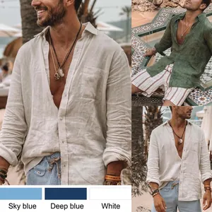 Heren Casual Losse Linnen Look Polyester Mix Overhemd Lange Mouwen Knoop Revers Kraag Effen Kleur Strand Vakantie Top
