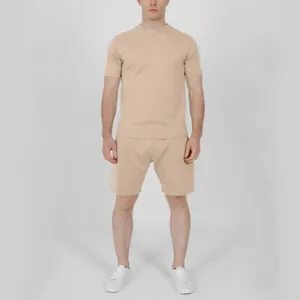 Men's two-piece casual sports set with short sleeves and shorts in beige sand color