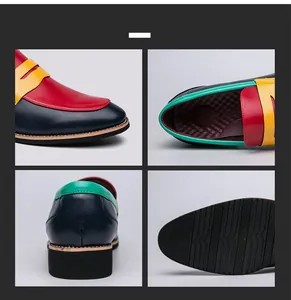 Viste dettagliate di scarpe in pelle da uomo multicolore che mostrano punta, tallone e suola
