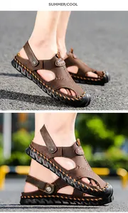 Close-up detail of men's brown breathable leather sandals with hollow-out design.