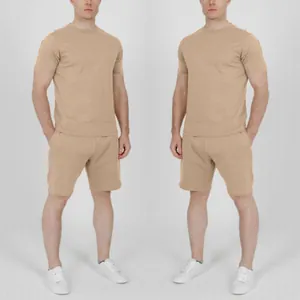 Men's beige summer casual outfit featuring a short sleeve t-shirt and matching shorts.