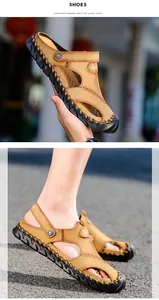 Detailed view of men's brown leather breathable outdoor beach sandals with thick soles