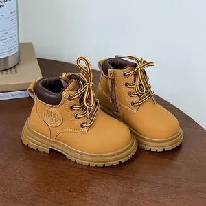 Bottines Martin Vintage pour Enfants Chaussures Jaunes Décontractées d'Extérieur Simili Cuir Semelle Souple Antidérapante Fermeture Éclair Latérale