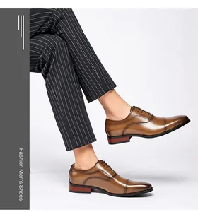 Elegant brown leather cap-toe oxford shoes for men's formal business and wedding wear