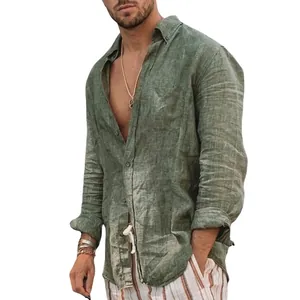 Premium heren casual groen katoen linnen shirt met lange mouwen voor strand en vrije tijd