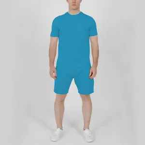 Detailed macro view of the solid blue men's summer short sleeve T-shirt and shorts outfit set.