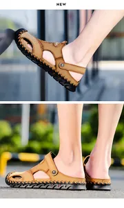 Detailed close-up showing men's breathable brown leather outdoor beach sandals on feet