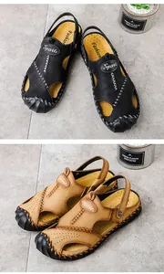 Breathable leather men's beach sandals in black and tan shown in a detailed close-up
