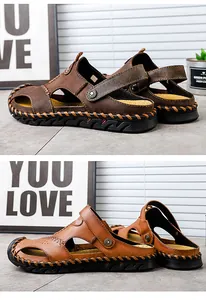 Detailed view of breathable men's split cowhide leather sandals in two brown shades.