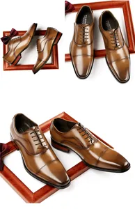 Brown leather cap-toe oxford dress shoes for men, elegant business and wedding style.