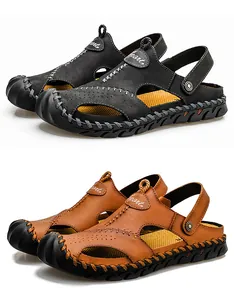Detail view showing breathable hollow-out leather men's sandals in black and tan colors