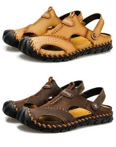Breathable men's leather beach sandals shown in tan and dark brown colors.