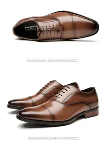 Elegant brown leather business dress shoes featuring cap-toe design and classic wooden heels.