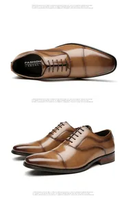Men's brown genuine leather oxford dress shoes featuring a cap-toe and wood heel